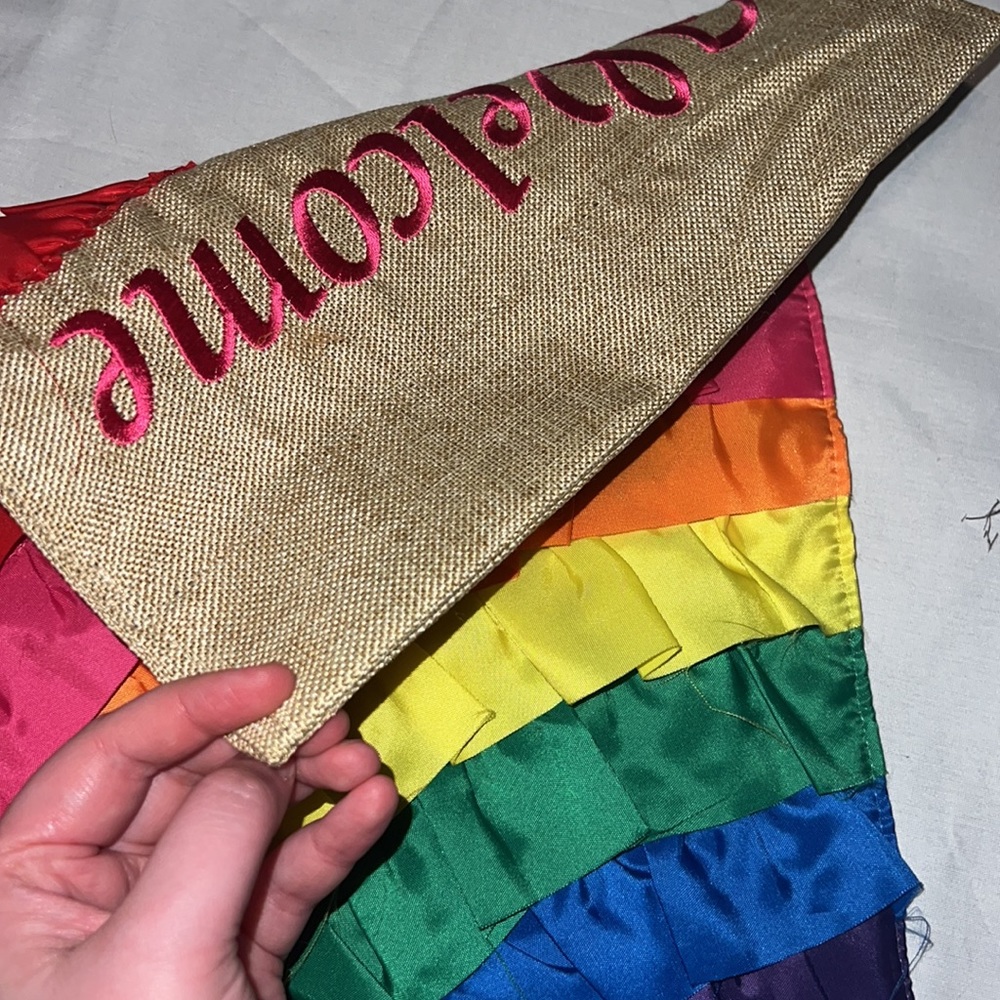Welcome Rainbow Ruffles Burlap Flag - Picture 4 of 4